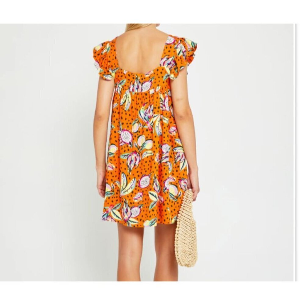 Anthropologie Kourt Aria Linen Tropical Short Dress Pockets Fruit Bird Medium - Picture 5 of 14